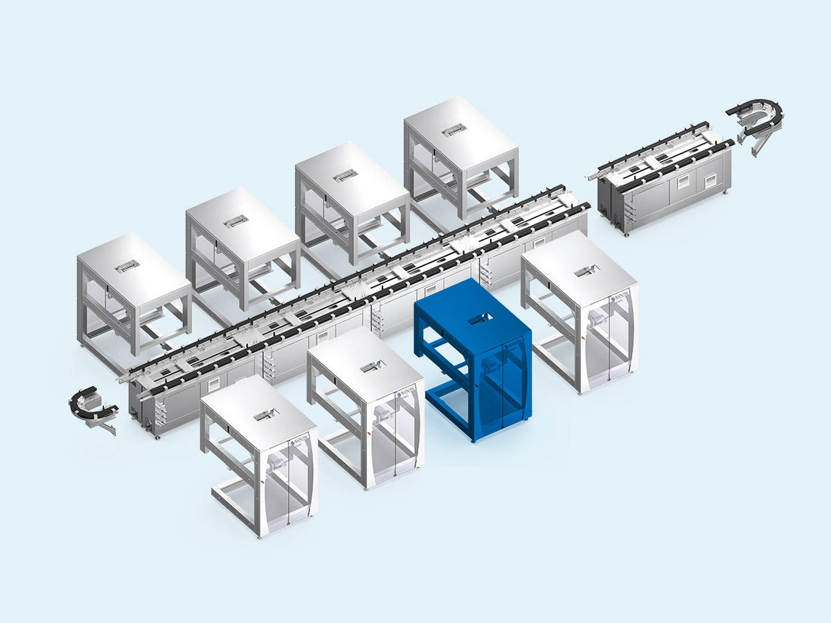 3D rendering of the KMO modular line with the Customized Module highlighted in blue